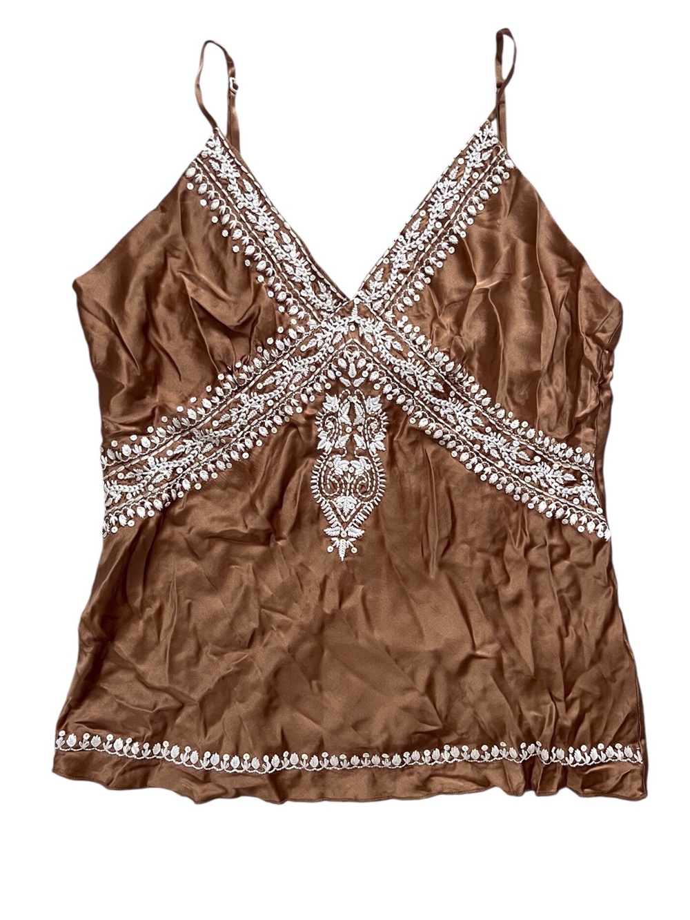Hale Bob Brown Silk Satin Camisole Tank Boho Y2K Going Out Top Embroidered Large